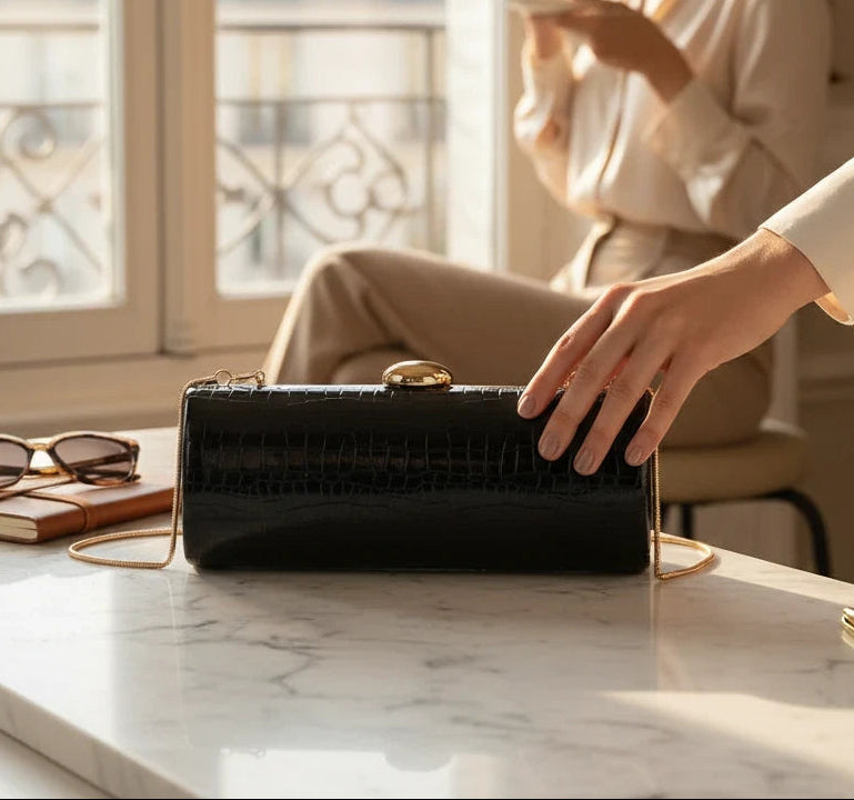 VALENORA Ysabel black crocodile-embossed clutch bag with gold clasp and chain strap on a marble table