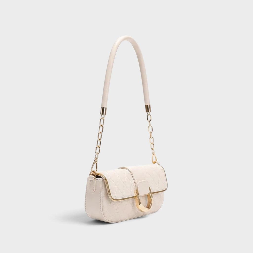 VALENORA Zara cream quilted shoulder bag with a slim profile and gold chain-link strap detail