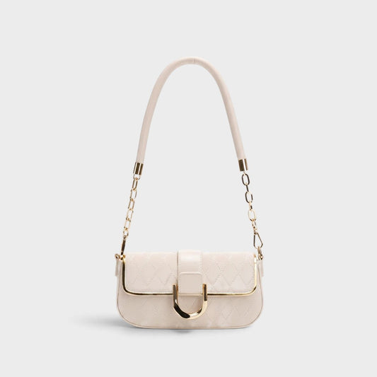 VALENORA Zara cream quilted shoulder bag with a slim profile, gold hardware, and a decorative chain-link strap.