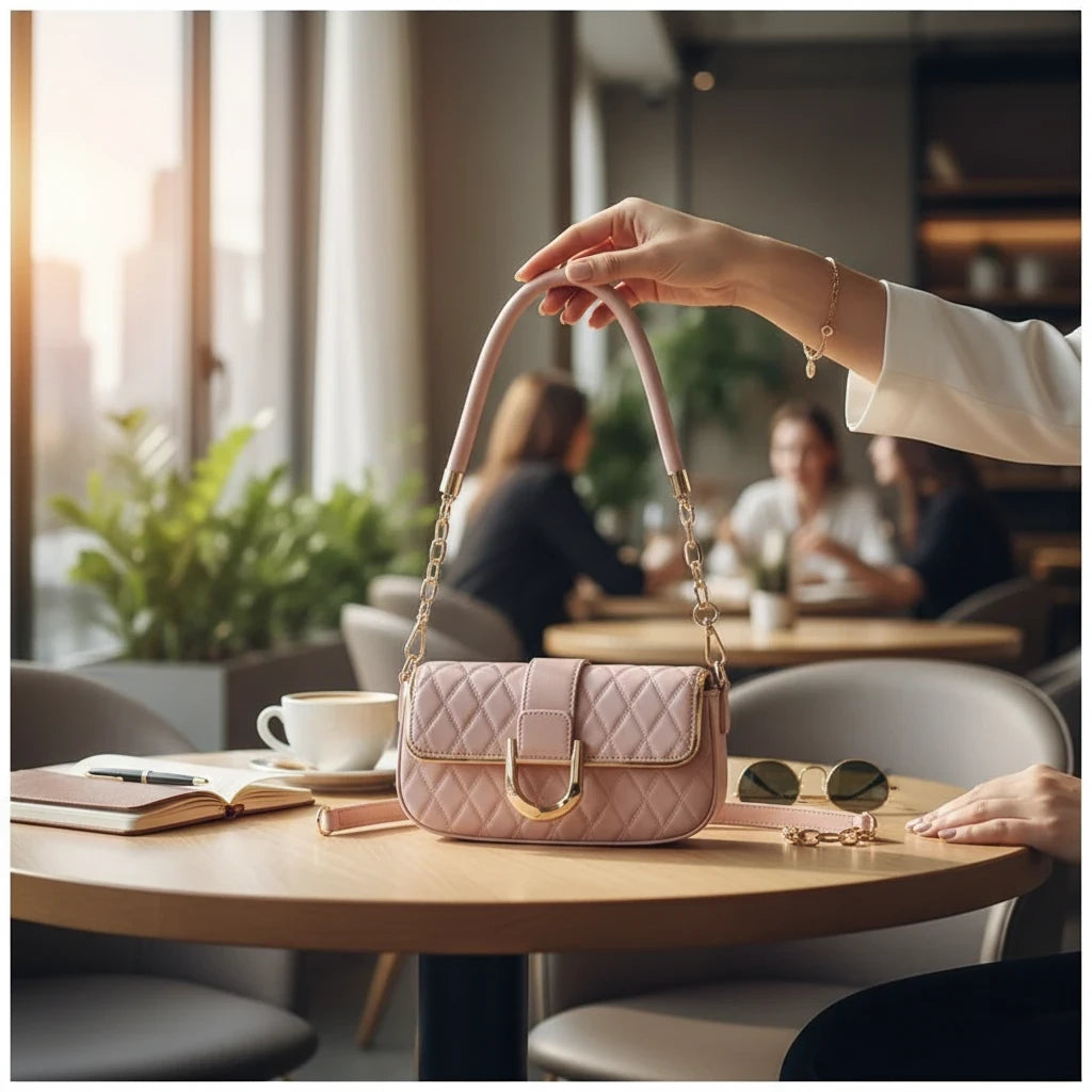 VALENORA Zara quilted pink shoulder bag with a gold chain-link strap held on a cafe table.