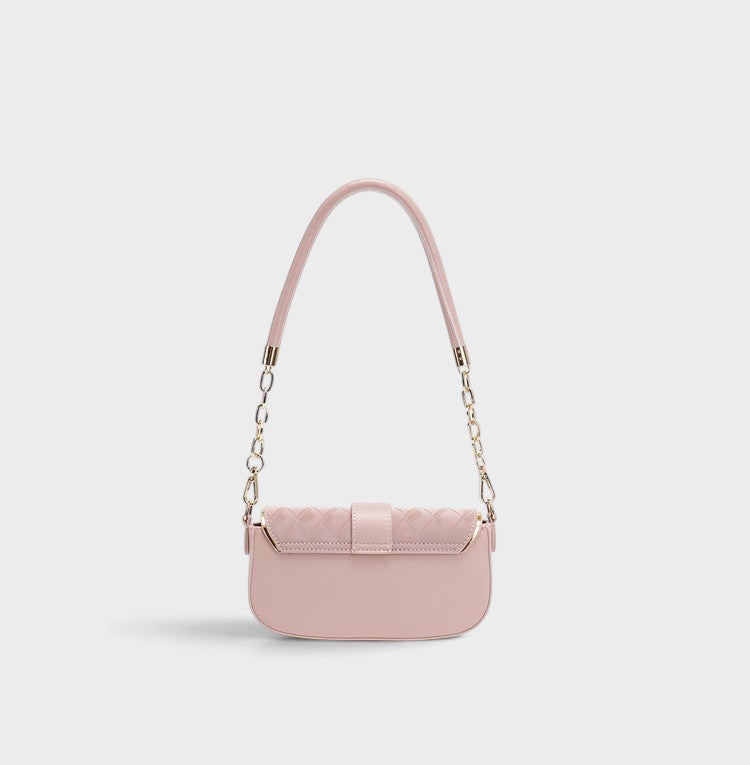 VALENORA Zara slim pink quilted shoulder bag with a gold chain-link strap and magnetic flap closure